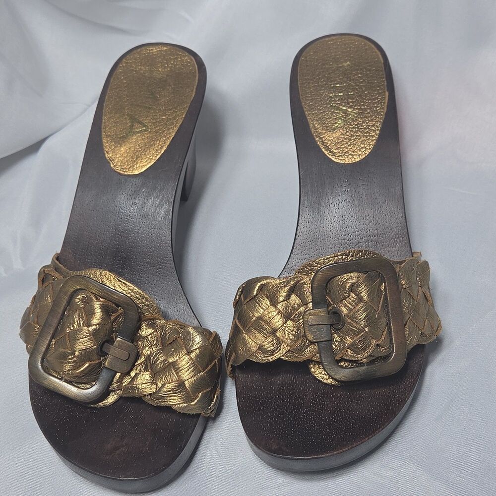 VTG MIA Metallic Gold Woven Leather Wood Platform Clog Sandal Slide 70s Sz 6